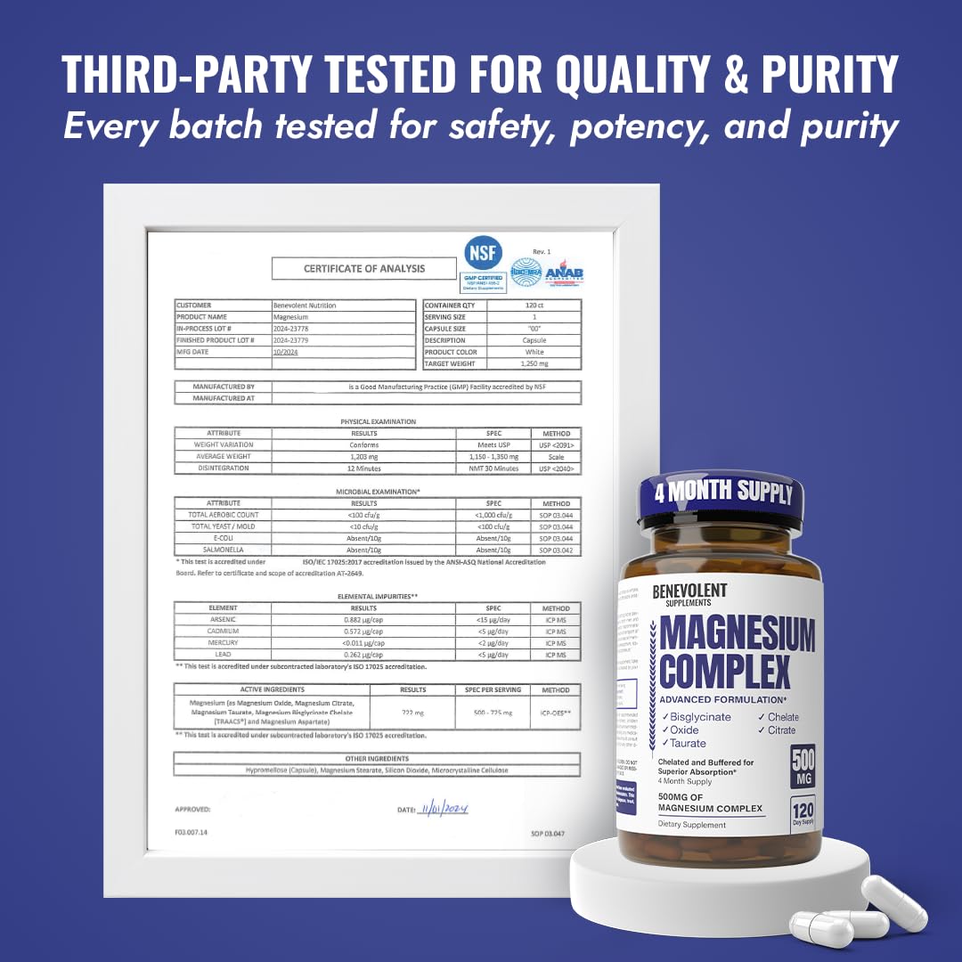 Magnesium Complex Supplement, 4 Month Supply of 500mg 5-in-1 Bisglycinate, Oxide, Taurate, Aspartate, Citrate, Max Absorption Magnesium Supplement for Calm, Sleep & Leg Cramps, 120 Capsule Benevolent Nourishment buy supplements Au