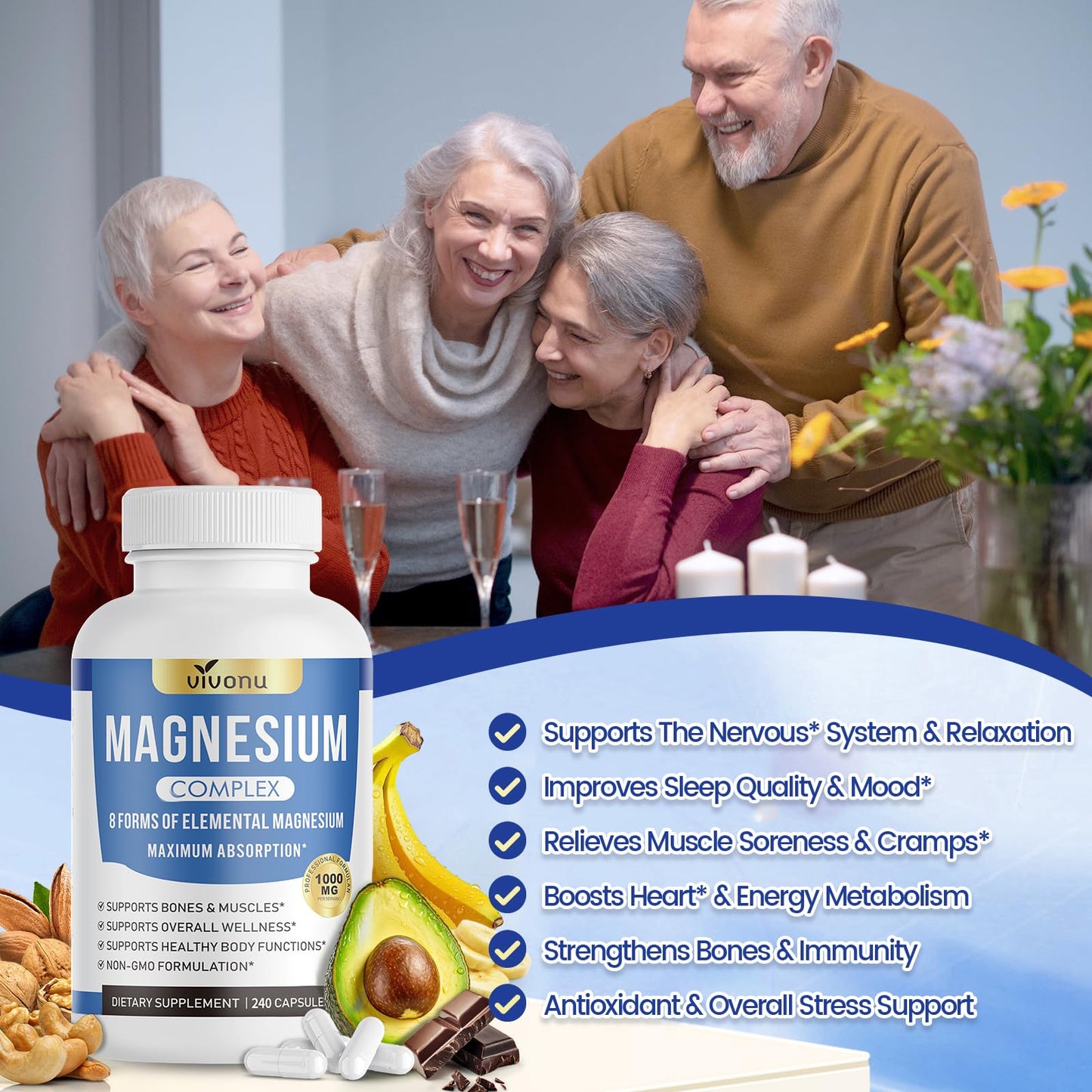 1000mg Magnesium Complex Capsules, 8-in-1 Magnesium Glycinate, Citrate, Malate, Taurate, Oxide, Carbonate, Aspartate, Orotate - 240 Capsules VivoNu buy supplements Au