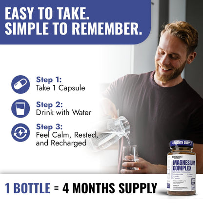 Magnesium Complex Supplement, 4 Month Supply of 500mg 5-in-1 Bisglycinate, Oxide, Taurate, Aspartate, Citrate, Max Absorption Magnesium Supplement for Calm, Sleep & Leg Cramps, 120 Capsule Benevolent Nourishment buy supplements Au