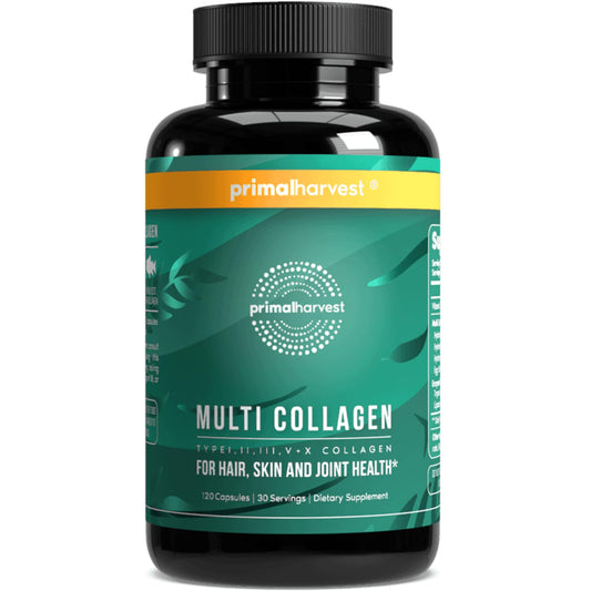 Primal Harvest Multi Collagen Pills for Women and Men (Type I, II, III, V, X) 120 Capsules w/Vitamin C for Hair, Skin, Nails