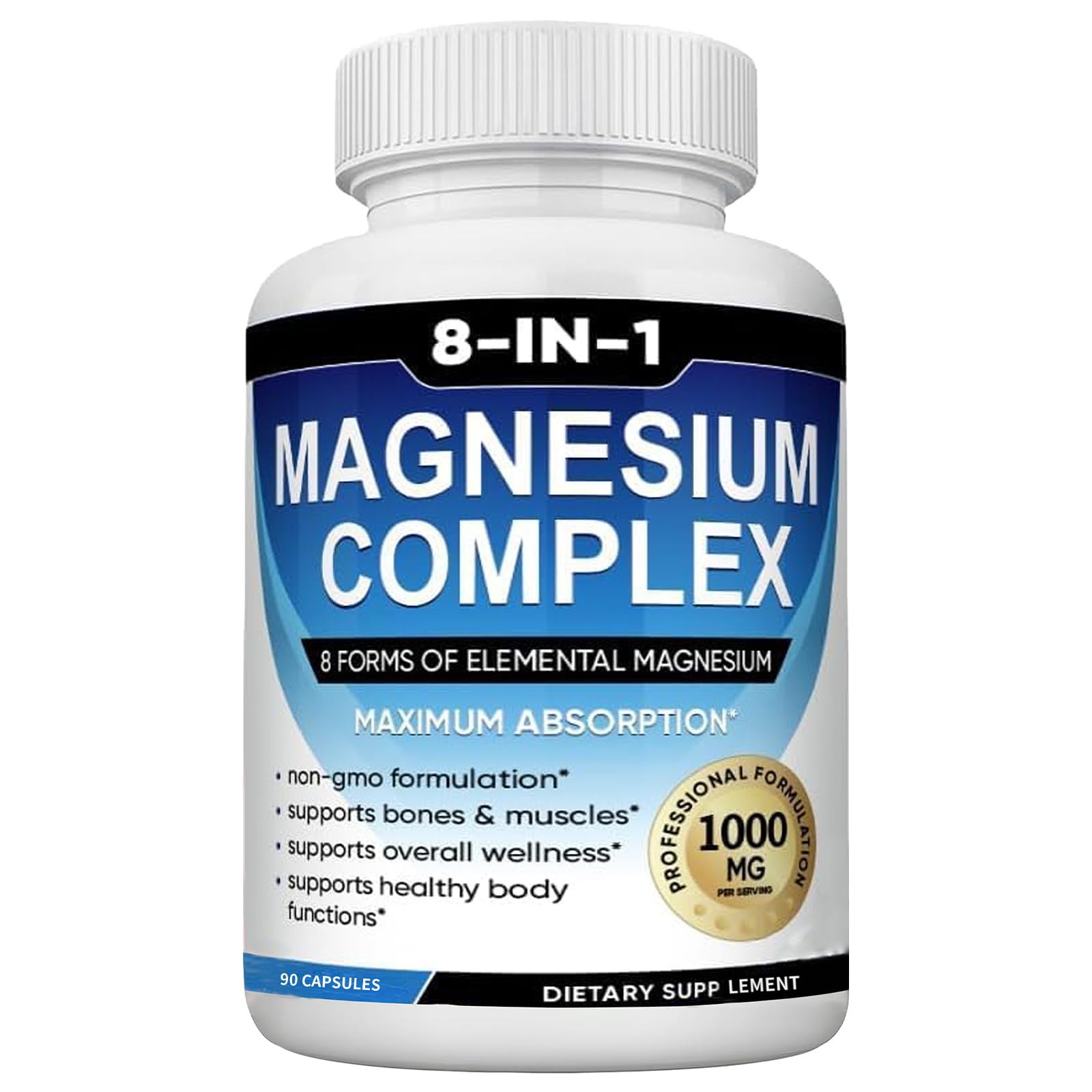 Bottle of 8-IN-1 Magnesium Complex dietary supplement on a white background