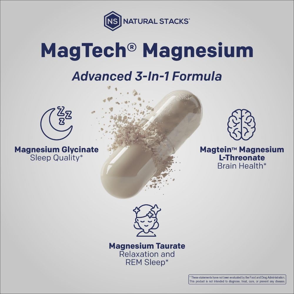 MagTech Magnesium Complex for Women & Men - 3 Forms of Magnesium: Glycinate, Magtein L-Threonate & Taurate - 200mg Chelated Complex - Support for Relaxation & Brain Health - 90 Glycinate Capsules NATURAL STACKS buy supplements Au