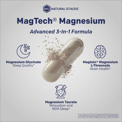 MagTech Magnesium Complex for Women & Men - 3 Forms of Magnesium: Glycinate, Magtein L-Threonate & Taurate - 200mg Chelated Complex - Support for Relaxation & Brain Health - 90 Glycinate Capsules NATURAL STACKS buy supplements Au