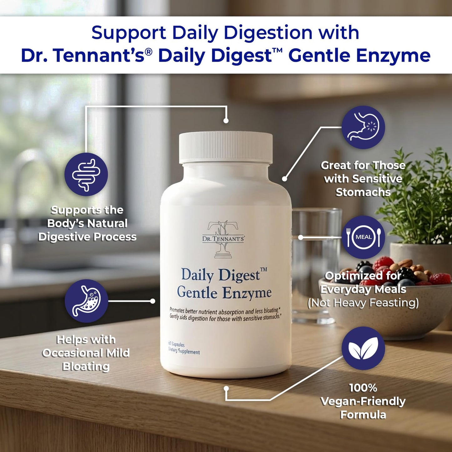 Dr. Tennant's Digestive Enzymes with Bromelain, Papain and Lipase - Bloating Relief and Gas Support for Sensitive Stomachs, Vegan, 27-Enzyme Blend,
