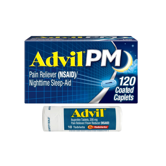 Advil PM Pain Reliever and Nighttime Sleep Aid, Ibuprofen for Pain Relief and Diphenhydramine Citrate for a Sleep Aid - 120 Coated Caplets and Pain Reliever and Fever Reducer, 10 Count Tablets Advil buy supplements Au