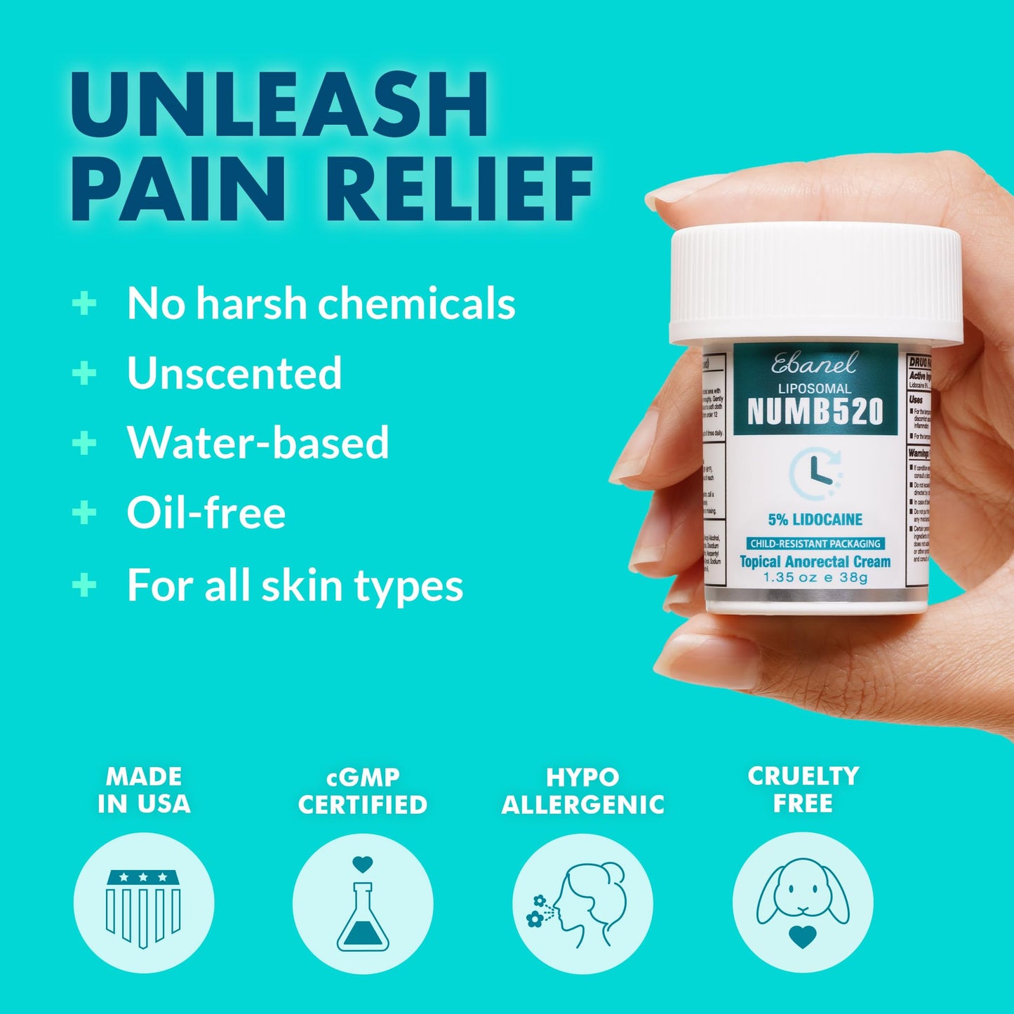 Ebanel 5% Lidocaine Numbing Cream, 2-Pack Pain Relief Burn Itch Numb Cream, Maximum Strength Topical Anesthetic with Allantoin, Vitamin E for Local and Anorectal Uses, Hemorrhoid Treatment