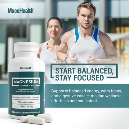 MacuHealth Magnesium Glycinate & L-Threonate 145mg - 90 Capsules - Highly Absorbable Magnesium for Energy, Calm & Focus - Gentle on Stomach, Vegan, Non-GMO - Premium Chelated Magnesium Supplement MacuhealthBuy Supplements Australia