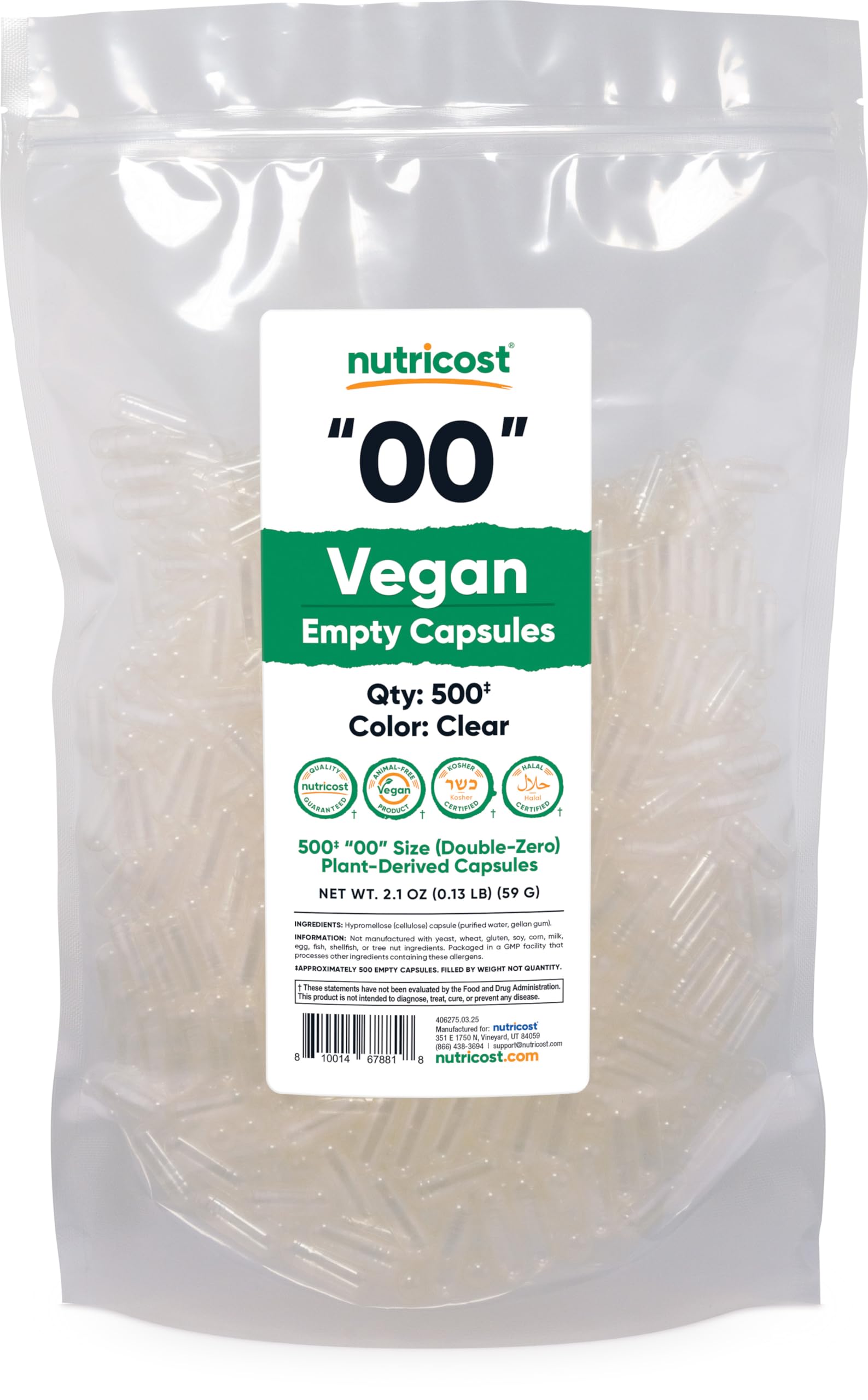 Nutricost Vegan Empty Capsules package with clear capsules inside