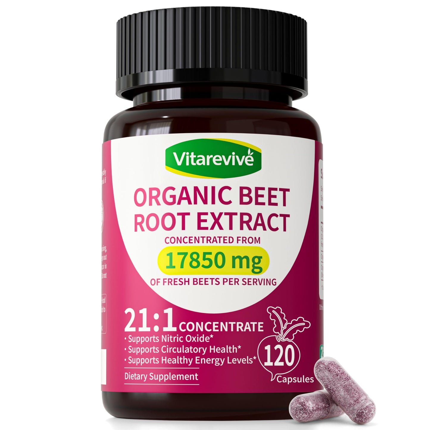 Vitarevive Organic Beet Root Capsules with Beetroot Extract 17850mg 21:1 Concentrated Beetroot Supplement Supports Circulation and Nitric Oxide