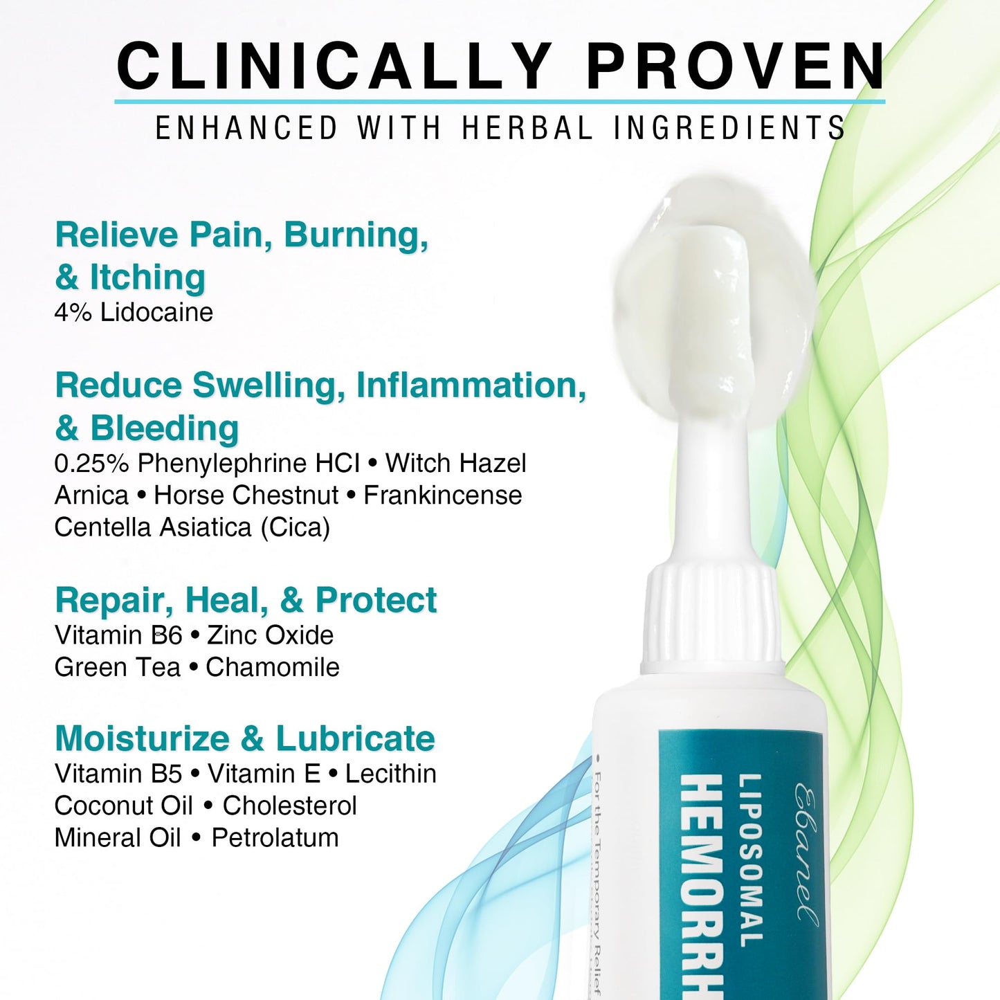 Ebanel 4% Lidocaine Hemorrhoid Treatment Ointment with Phenylephrine, Witch Hazel, Vitamin B6, Zinc Oxide, Frankincense, External and Internal Hemorrhoids Treatment Burn Itch Pain Relief Anal Cream