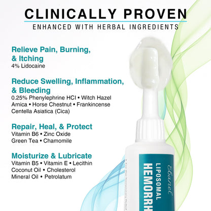 Ebanel 4% Lidocaine Hemorrhoid Treatment Ointment with Phenylephrine, Witch Hazel, Vitamin B6, Zinc Oxide, Frankincense, External and Internal Hemorrhoids Treatment Burn Itch Pain Relief Anal Cream