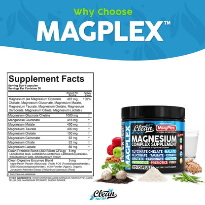 8in1 Magnesium Supplement Complex | Magnesium Glycinate Citrate Malate Gluconate Orotate Carbonate Lactate + Prebiotics Probiotics Digestive Enzymes Magnesio Capsules for Women Men By Clean Nutra Clean Nutraceuticals buy supplements Au