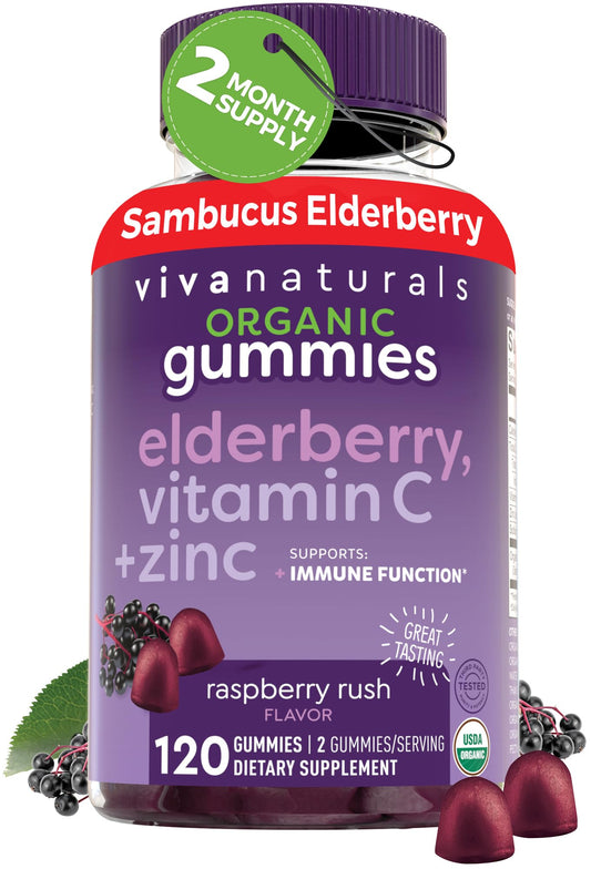 Viva Naturals Sambucus Elderberry Gummies for Adults - 150mg Black Elderberry Vitamin C and Zinc, 3-in-1 Daily Immune Support Gummies, Raspberry Rush Flavor