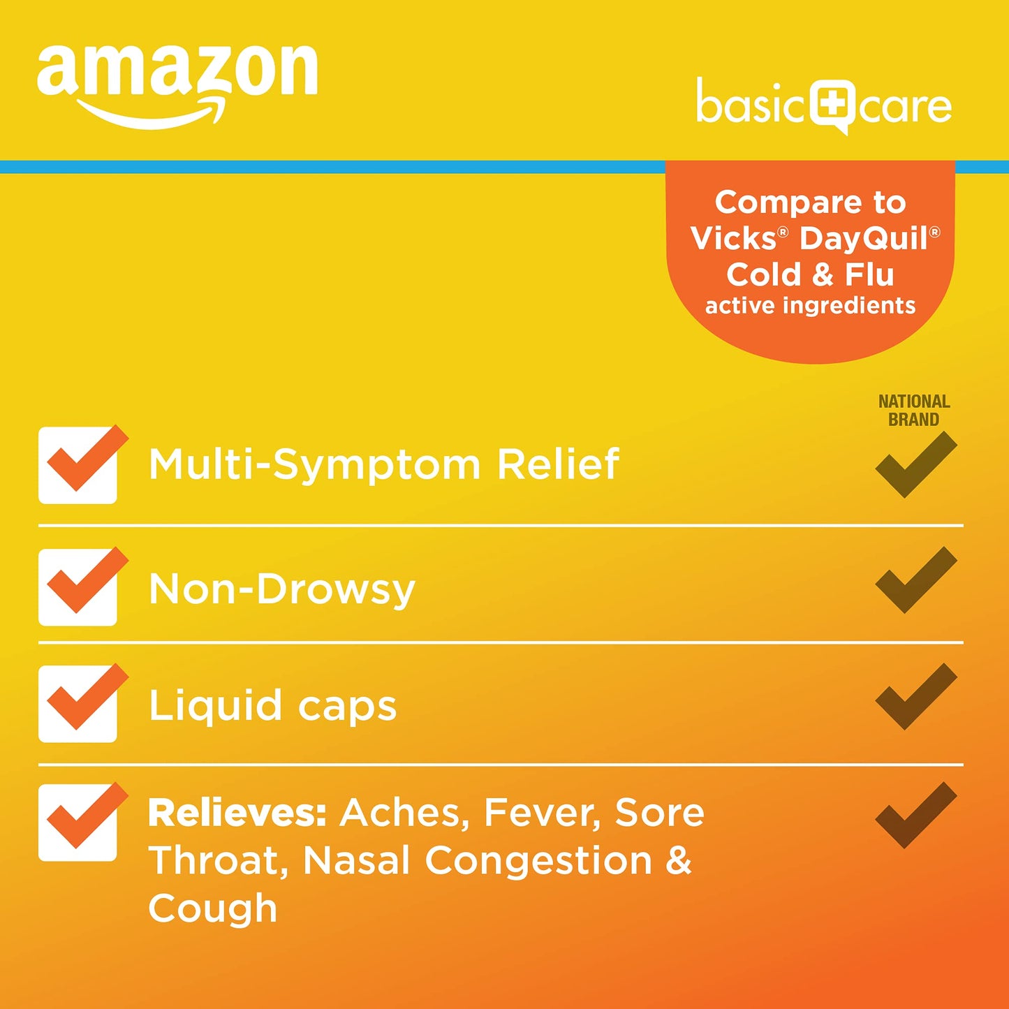 Amazon Basic Care Daytime Cold & Flu Liquid Caps; Cold Care for Daytime Cold and Flu, Orange, 48 Count (Pack of 1) Amazon Basic Care buy supplements Au