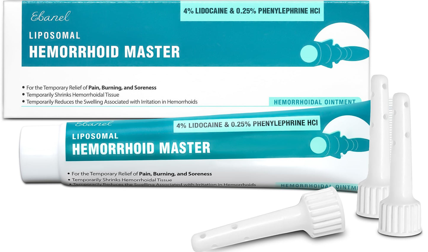 Ebanel 4% Lidocaine Hemorrhoid Treatment Ointment with Phenylephrine, Witch Hazel, Vitamin B6, Zinc Oxide, Frankincense, External and Internal Hemorrhoids Treatment Burn Itch Pain Relief Anal Cream