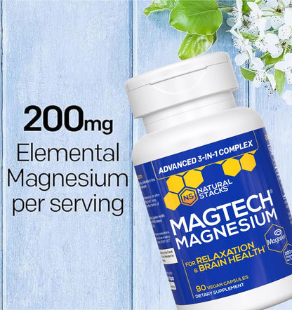 MagTech Magnesium Complex for Women & Men - 3 Forms of Magnesium: Glycinate, Magtein L-Threonate & Taurate - 200mg Chelated Complex - Support for Relaxation & Brain Health - 90 Glycinate Capsules NATURAL STACKS buy supplements Au