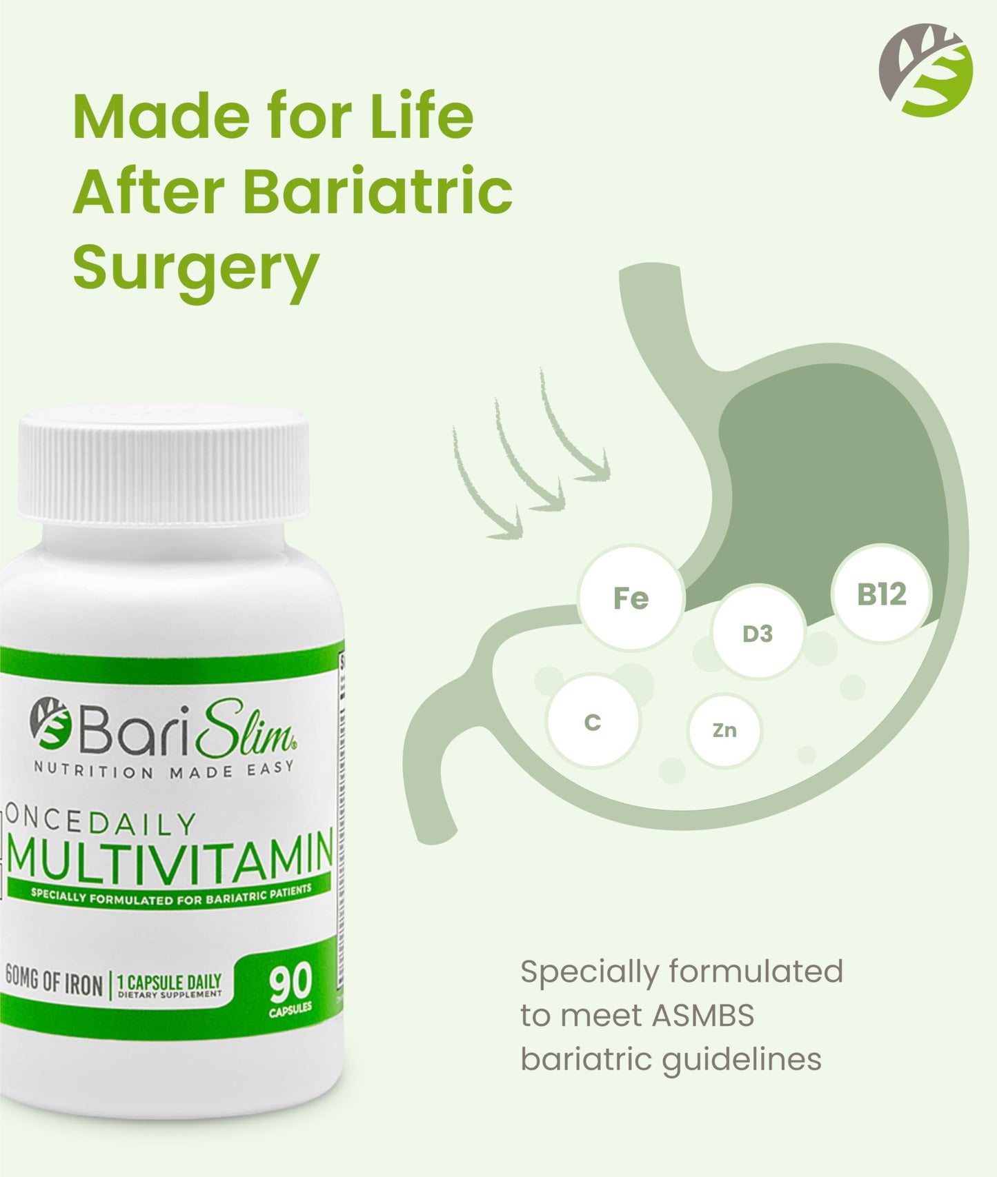 BariSlim Once Daily Bariatric Multivitamin Capsule - 60mg of Iron - Bariatric Vitamin & Supplement for Post WLS Surgery Including Gastric Bypass & Gastric Sleeve | 90 Day Supply BariSlim buy supplements Au