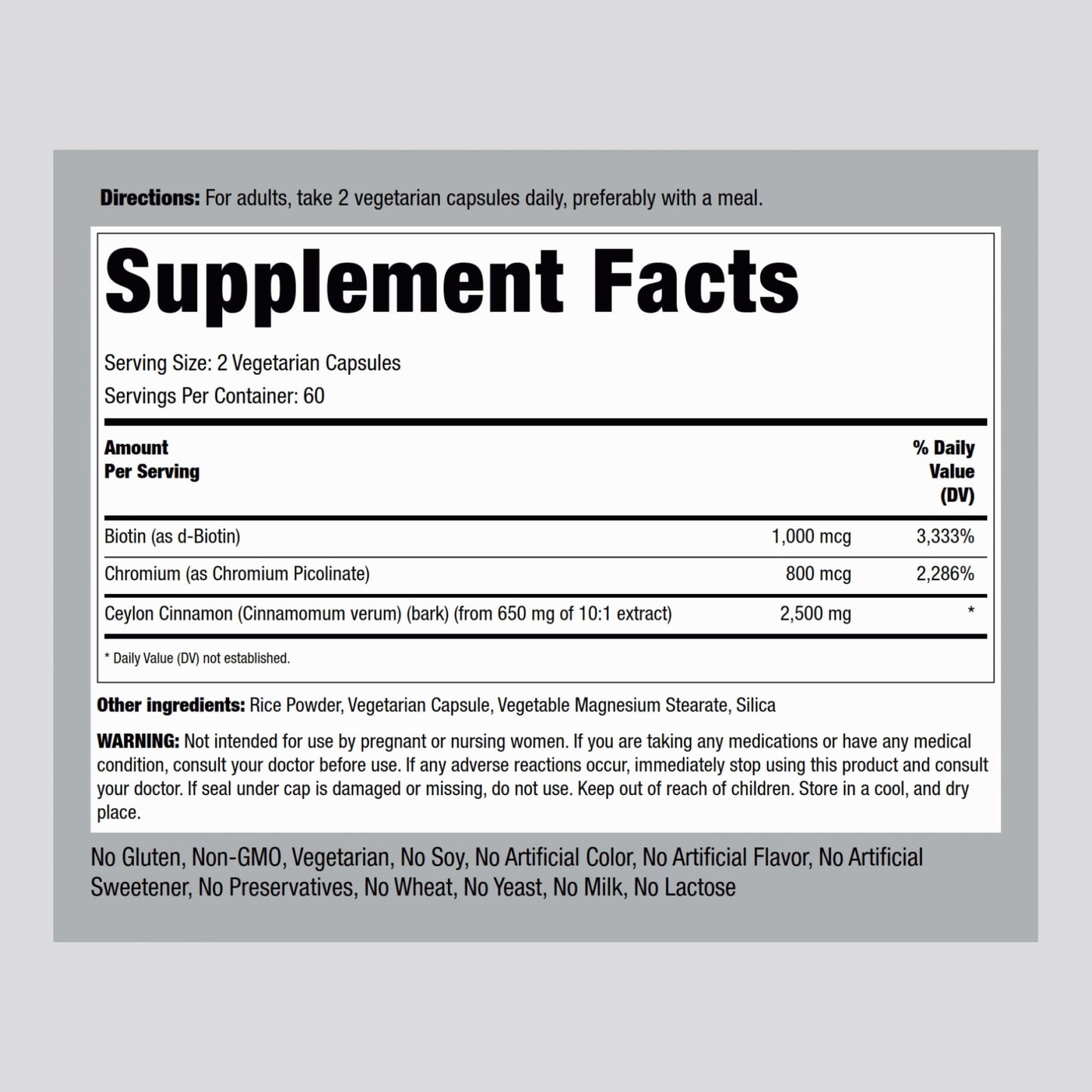 Piping Rock Ceylon Cinnamon Capsules | 120 Pills | Complex Supplement with Chromium and Biotin | Vegetarian, Non-GMO, Gluten Free