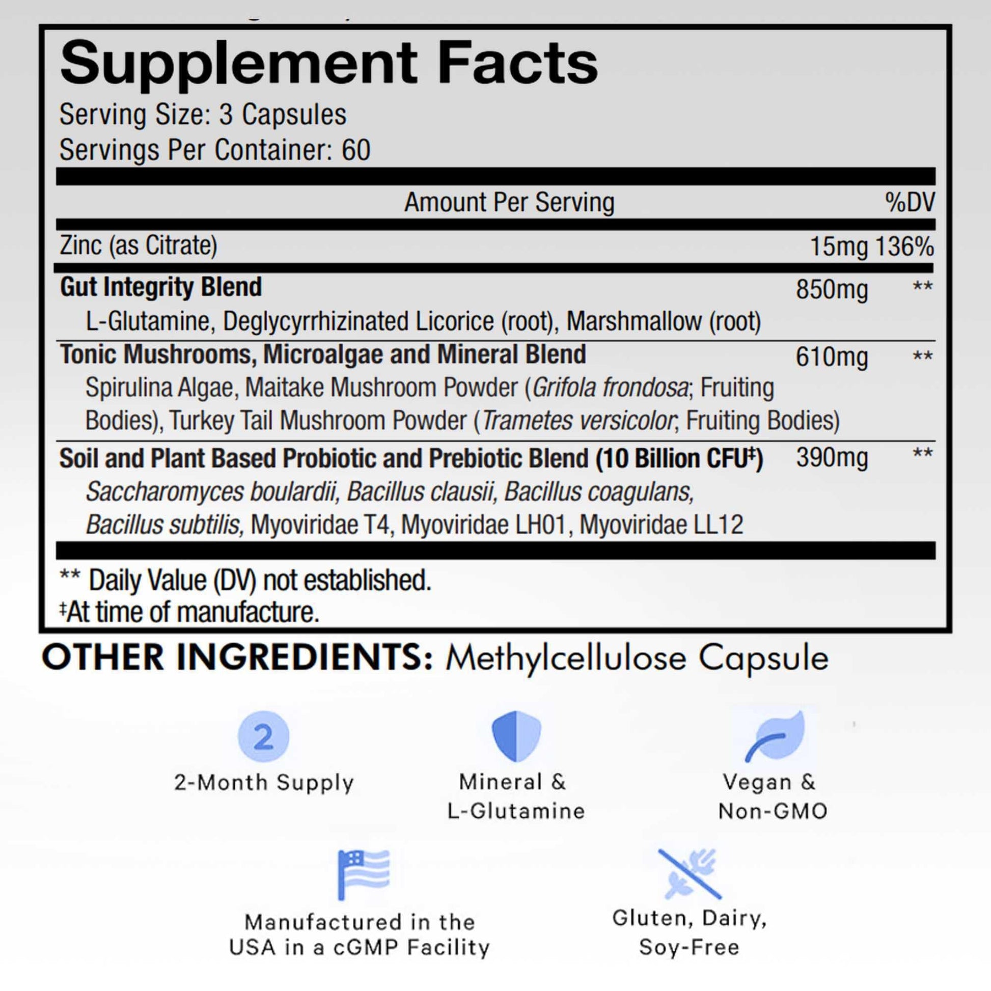 Codeage Gut Health Supplements Vegan Formula - L Glutamine, Zinc, Turkey Tail Mushroom Powder, Tonic Mushroom, Maitake, Micro Algae, Mineral, Licorice Root DGL - Probiotics, Prebiotics - 180 Capsules CodeageBuy Supplements Australia