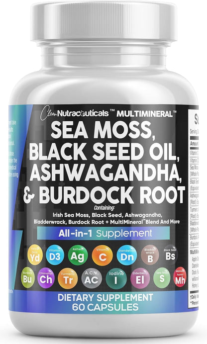 Clean Nutraceuticals Sea Moss Black Seed Oil Ashwagandha Turmeric Bladderwrack Burdock & Vitamin C Vitamin D3 with Elderberry Manuka Dandelion Yellow Dock Iodine Chlorophyll ACV Clean NutraceuticalsBuy Supplements Australia