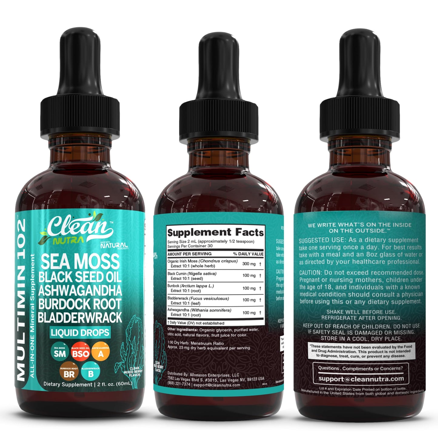 Clean Nutra Organic Sea Moss Drops Supplement | Black Seed Oil Irish Seamoss Ashwagandha Burdock Root & Bladderwrack - Multimineral Liquid Vegan