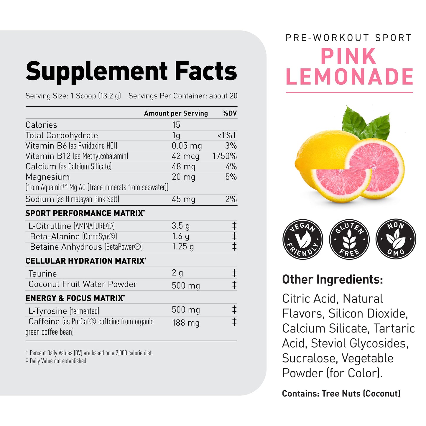 Kaged Sport Pre Workout Powder for Men & Women, Pink Lemonade, Sport Certified, 188mg Caffeine, Nitric Oxide, Beta Alanine, 20 Servings