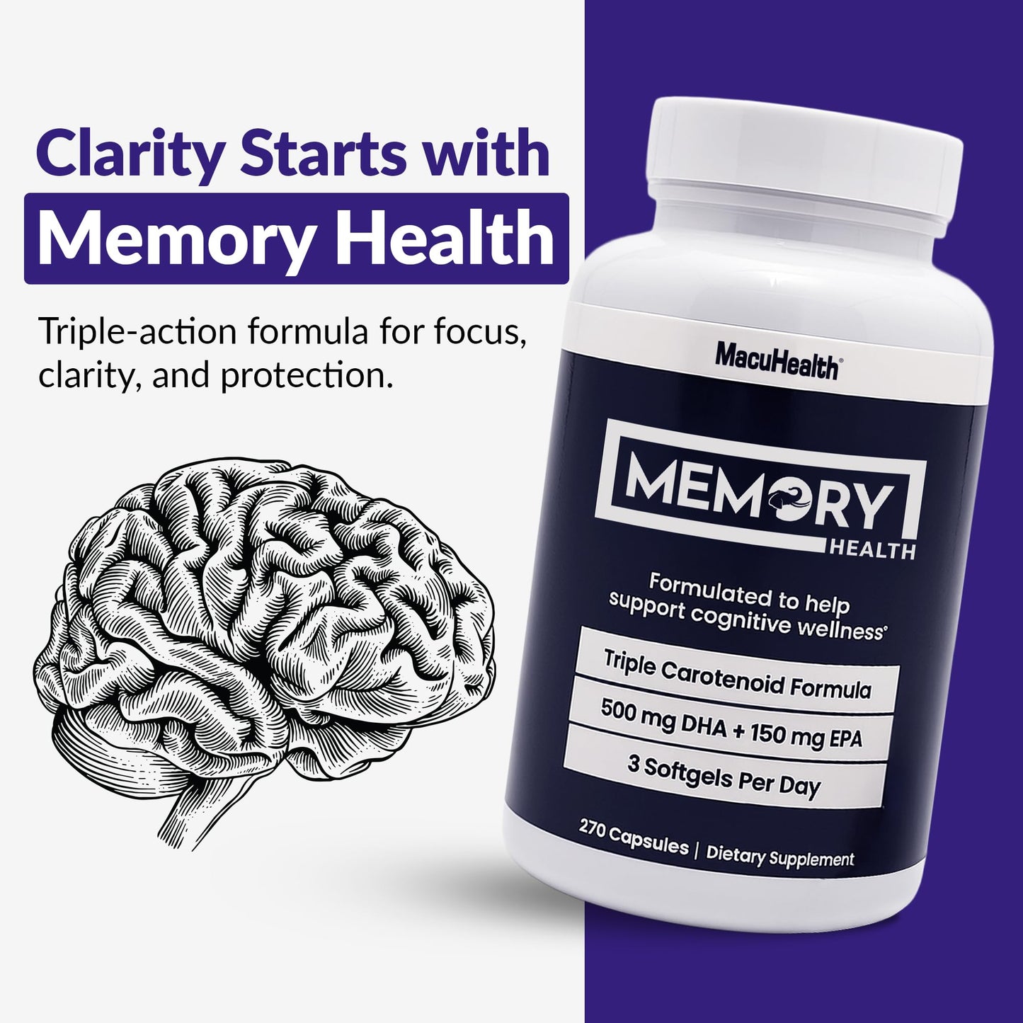 Memory Health Softgels with Omega-3, Carotenoids, and Vitamin E – Designed for Mental Focus, Energy, and Enhanced Clarity - (270 Softgels, 90 Days Supply) MacuhealthBuy Supplements Australia