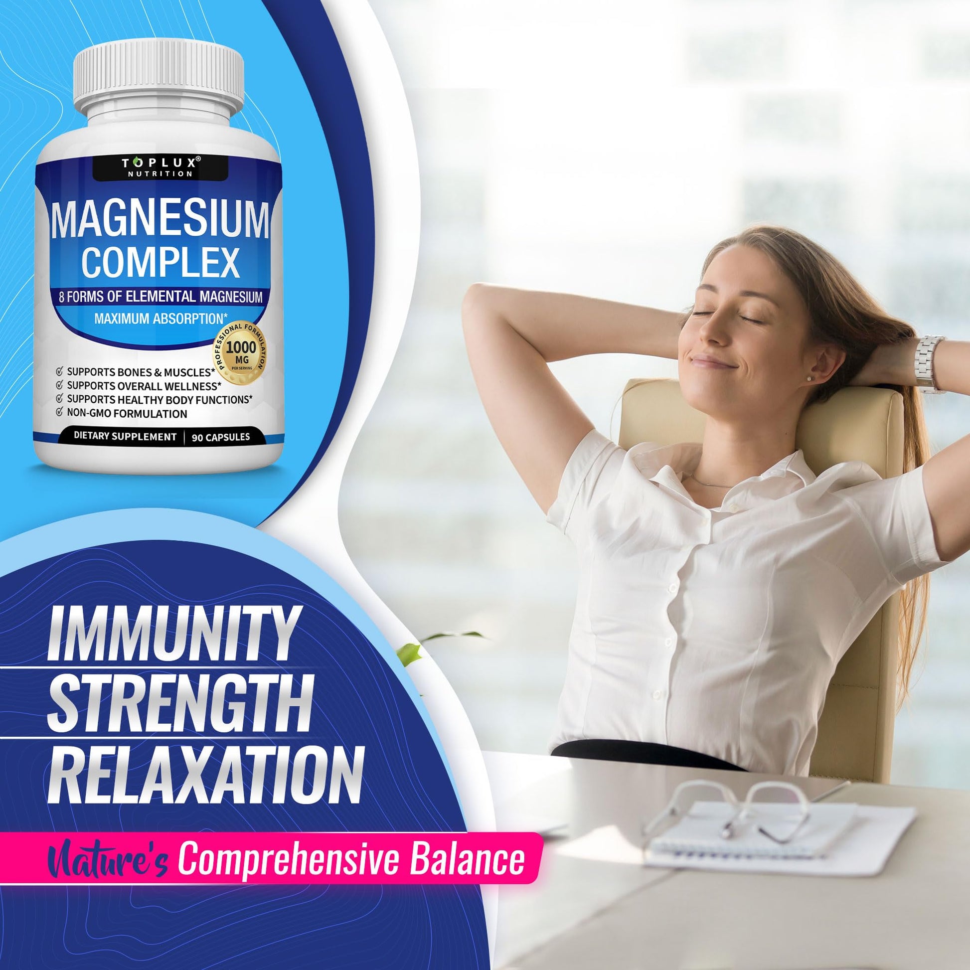 Magnesium Complex Supplement 8 Elemental 1000mg - Magnesium Glycinate, Citrate, Malate, Taurate, Chelated for Easy Absorption for Bones, Muscle, Recovery, Energy, Vegan Non-GMO 90 Capsules TopluxBuy Supplements Australia