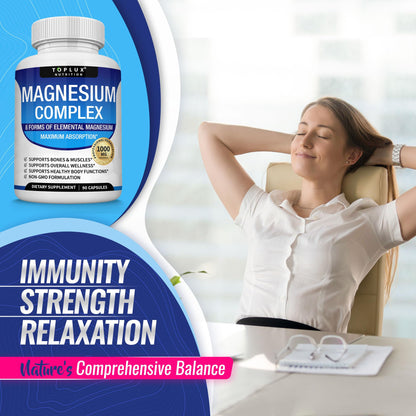 Magnesium Complex Supplement 8 Elemental 1000mg - Magnesium Glycinate, Citrate, Malate, Taurate, Chelated for Easy Absorption for Bones, Muscle, Recovery, Energy, Vegan Non-GMO 90 Capsules TopluxBuy Supplements Australia