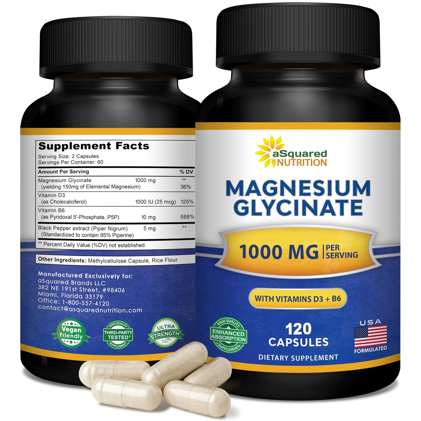 Magnesium Glycinate 1000mg with Vitamin D3 & B6-500mg per Capsule - Pure Elemental Mag Supplement Complex for Sleep, Muscle, Bone Health - Replace Gummies, Tablets & Powder - 120 Capsules aSquared NutritionBuy Supplements Australia