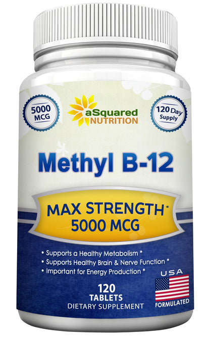 aSquared Nutrition Vitamin B12-5000 MCG Supplement with Methylcobalamin (Methyl B-12) - Max Strength Vitamin B 12 Support to Help Boost Natural Energy,