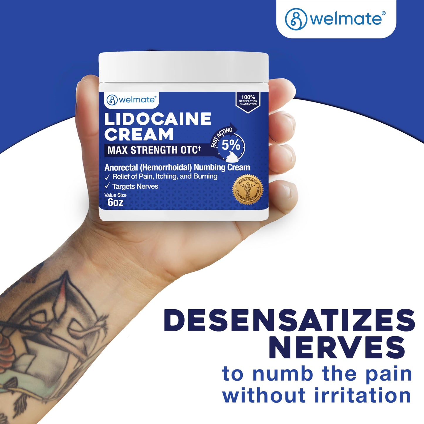 WELMATE 5% Lidocaine Cream for Hemorrhoids, 6 oz Jar – Fast-Acting Lidocaine Numbing Cream & Topical Analgesic Cream for Anorectal Itch Relief