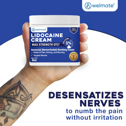 WELMATE 5% Lidocaine Cream for Hemorrhoids, 6 oz Jar – Fast-Acting Lidocaine Numbing Cream & Topical Analgesic Cream for Anorectal Itch Relief