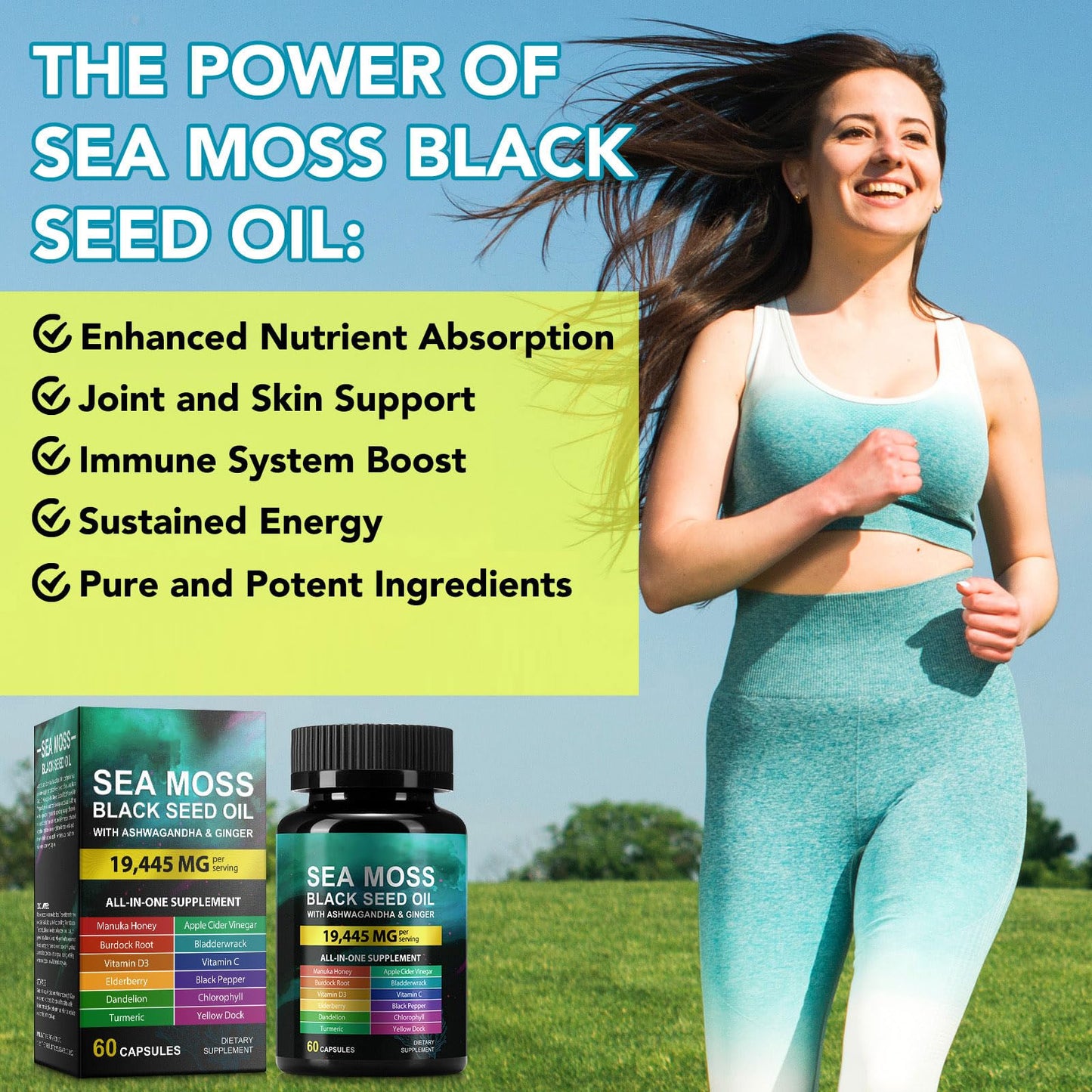 Sea Moss Black Seed Oil Ashwagandha Ginger, Sea Moss Capsule Supplement with Turmeric Burdock Root Bladderwrack Vitamin C Vitamin D3 Enhanced Immunity & Energy Black Seed Oil Capsule 60 Count HUYEHFBuy Supplements Australia