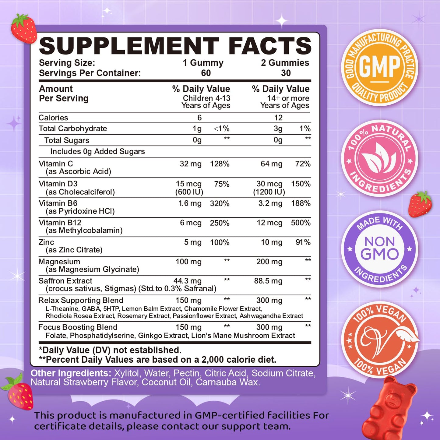 Saffron Gummies for Kids & Adults, 20-in-1 Saffron Supplements with 88.5mg Saffron Extract, B6, B12, C, D3, Magnesium for Calm, Focus, Nerve, Sugar Free, Vegan