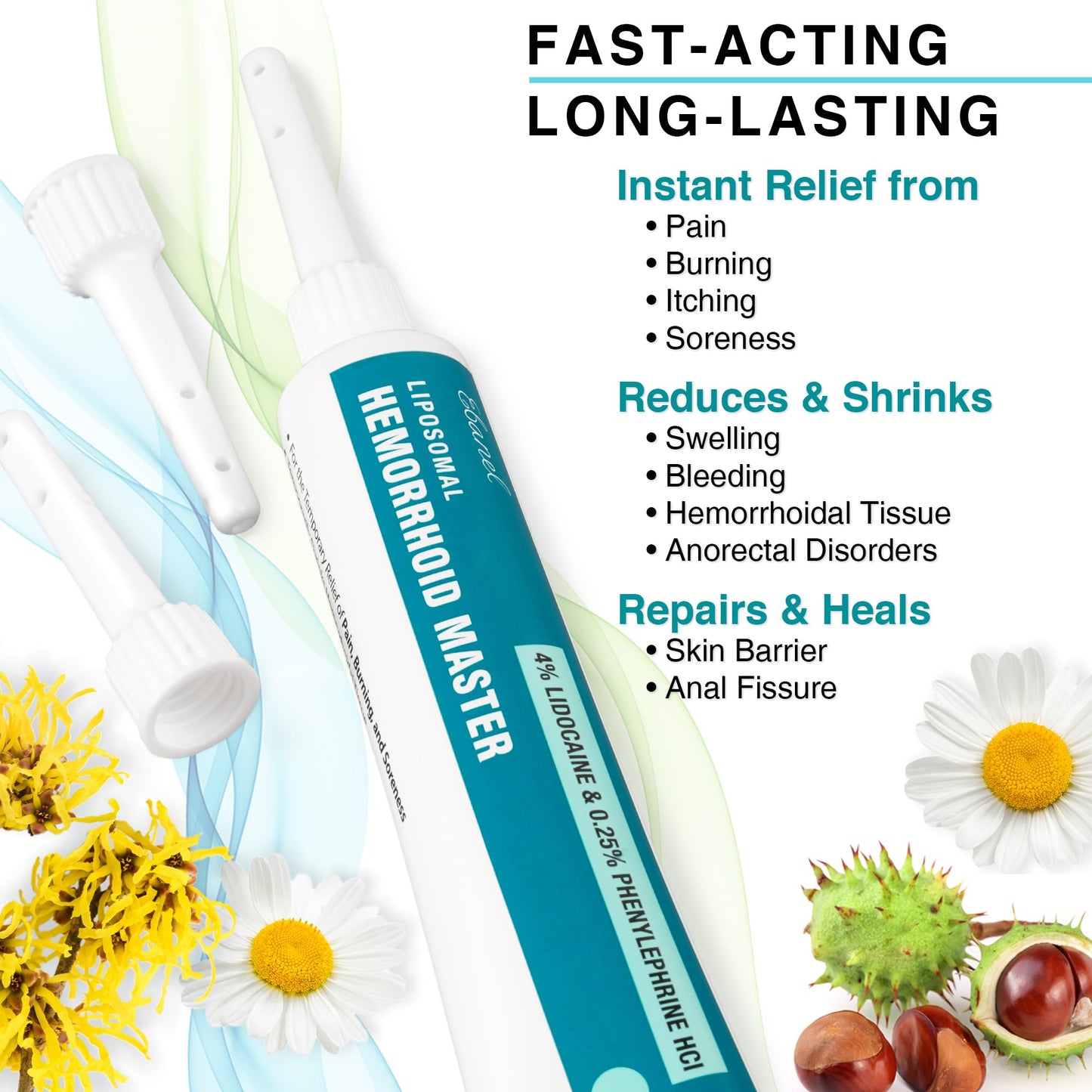 Ebanel 4% Lidocaine Hemorrhoid Treatment Ointment with Phenylephrine, Witch Hazel, Vitamin B6, Zinc Oxide, Frankincense, External and Internal Hemorrhoids Treatment Burn Itch Pain Relief Anal Cream