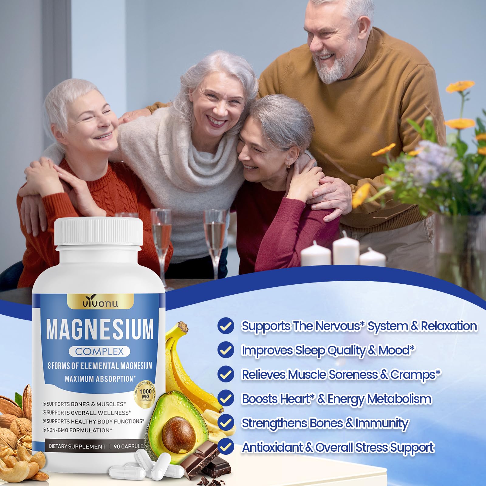 1000mg Magnesium Complex for Women & Men*, 8 Elemental with Magnesium Glycinate, Citrate, Malate, Taurate, Oxide, Carbonate, Aspartate, Orotate for Bones, Muscle, Recovery, Energy, Vegan, 90 Capsules VivoNu buy supplements Au