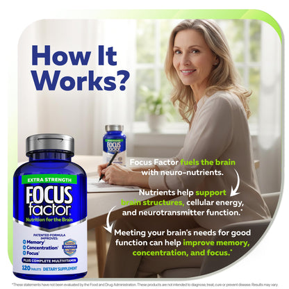 Focus Factor Adults Extra Strength, 120 Count - Brain Supplement for Memory, Concentration and Focus - Complete Multivitamin with DMAE, Vitamin D, DHA - Trusted Health Vitamins Focus FactorBuy Supplements Australia