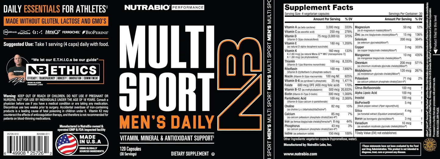 NutraBio Multisport for Men - Mens MultiVitamin - 33 Vitamins, Minerals, Micronutrients - Rich in Antioxidants NutraBio