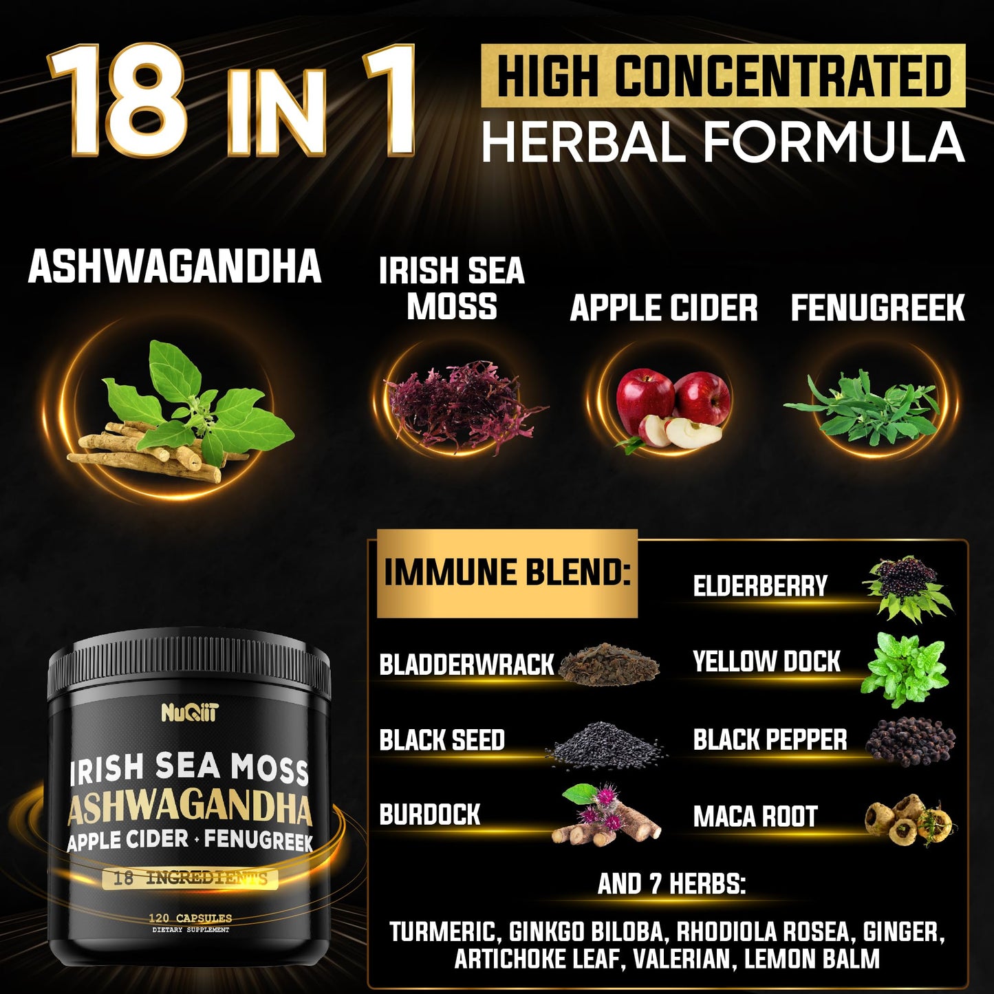 NUQIIT Organic Ashwangdha Capsules 15000mg Irish Sea Moss Apple Cider Vinegar & More - Support Brain Health, Strength & Immune System - 120 Vegan Capsules NUQIIT buy supplements Au