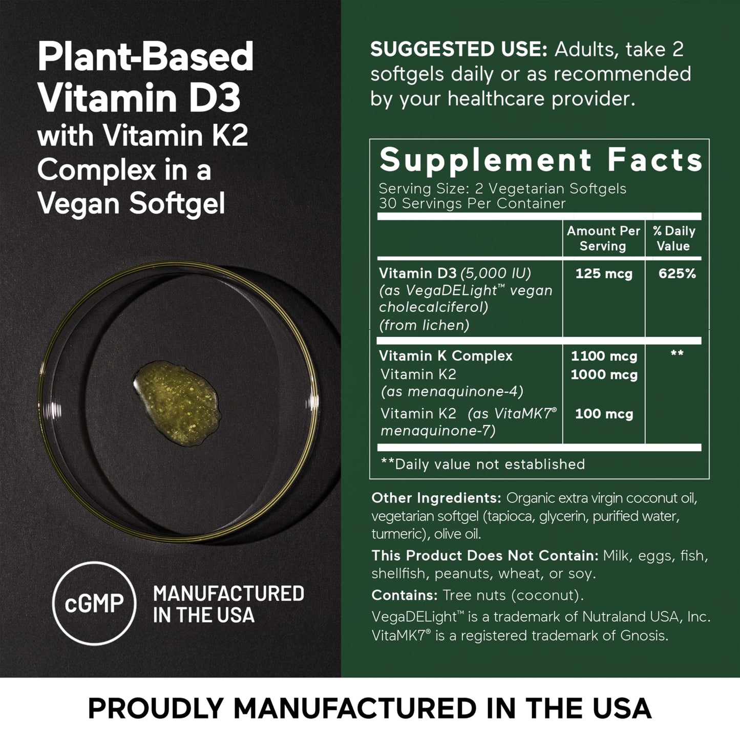 SMARTERNUTRITION Vegan Vitamin D3 5000 IU + Natural Vitamin K2 1100 mcg in Organic Coconut & Olive Oil - D3 K2 Supplement for Immune & Bone Support - 60 Softgels[30 Day Supply] SMARTERNUTRITIONBuy Supplements Australia
