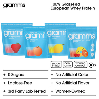 GRAMMS Clear Protein Powder Packets 20G Protein for Women & Men | Lactose Free, Grass-Fed Whey Isolate, Gluten Free, Zero Sugar, Gut Friendly, Non-Bloating