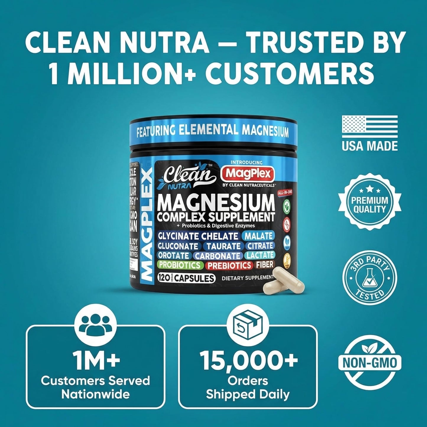 8in1 Magnesium Supplement Complex | Magnesium Glycinate Citrate Malate Gluconate Orotate Carbonate Lactate + Prebiotics Probiotics Digestive Enzymes Magnesio Capsules for Women Men By Clean Nutra Clean Nutraceuticals buy supplements Au
