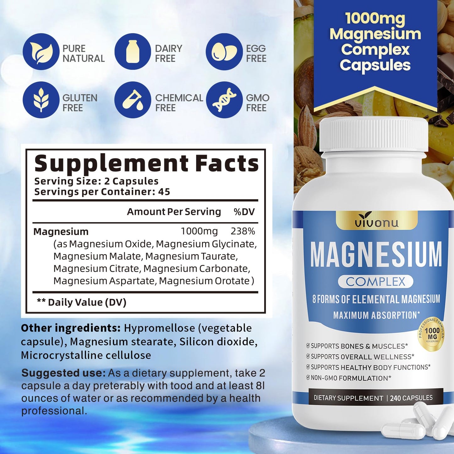 1000mg Magnesium Complex for Women & Men*, 8 Elemental with Magnesium Glycinate, Citrate, Malate, Taurate, Oxide, Carbonate, Aspartate, Orotate for Bones, Muscle, Recovery, Energy, Vegan, 90 Capsules VivoNu buy supplements Au