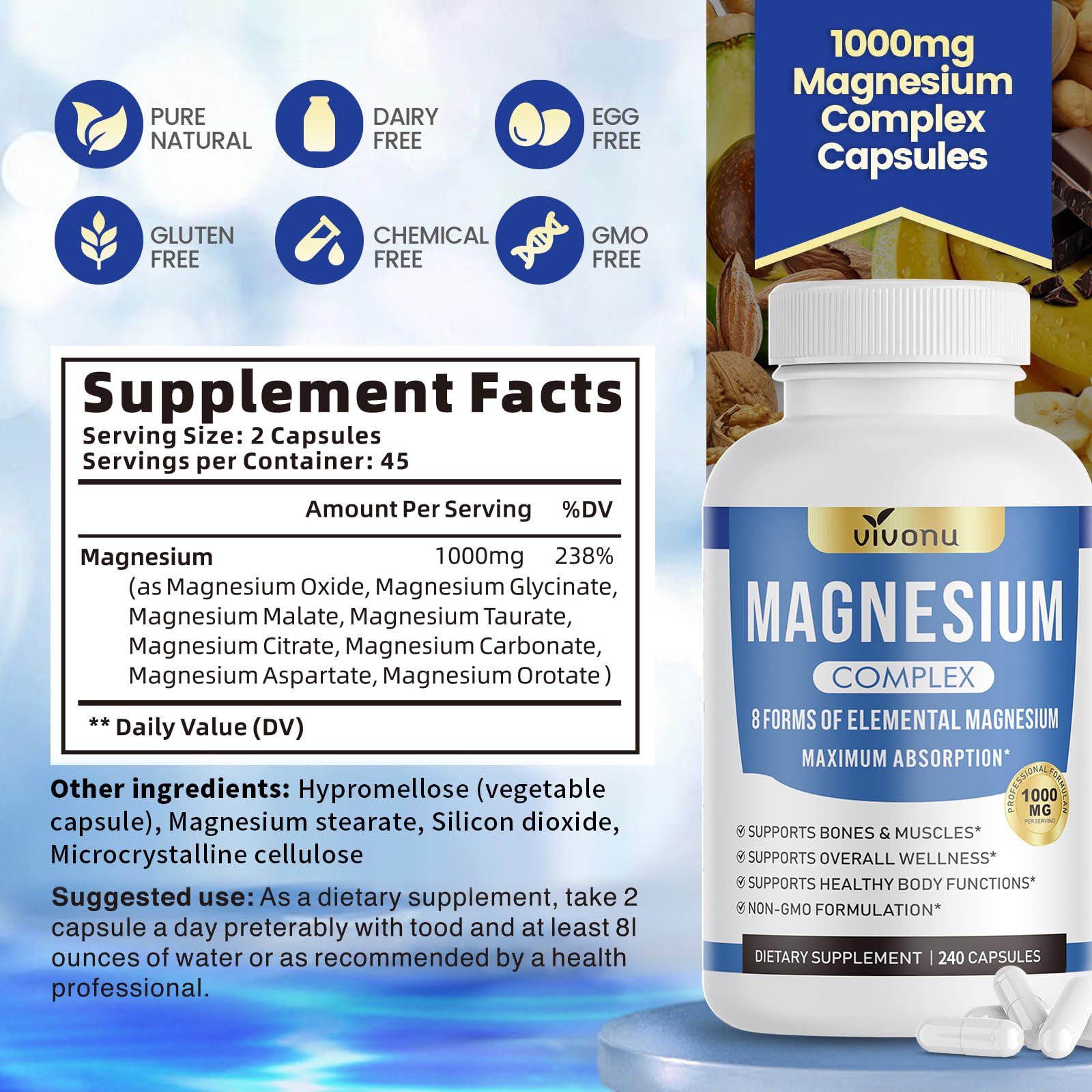 1000mg Magnesium Complex for Women & Men*, 8 Elemental with Magnesium Glycinate, Citrate, Malate, Taurate, Oxide, Carbonate, Aspartate, Orotate for Bones, Muscle, Recovery, Energy, Vegan, 90 Capsules VivoNu buy supplements Au