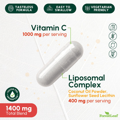 ForestLeaf Liposomal Vitamin C 1400mg Capsules | High Dose Vitamin C Liposomal Supplement w Coconut Oil Fatty Acids | Fast Absorption | Immune Support, Antioxidant,