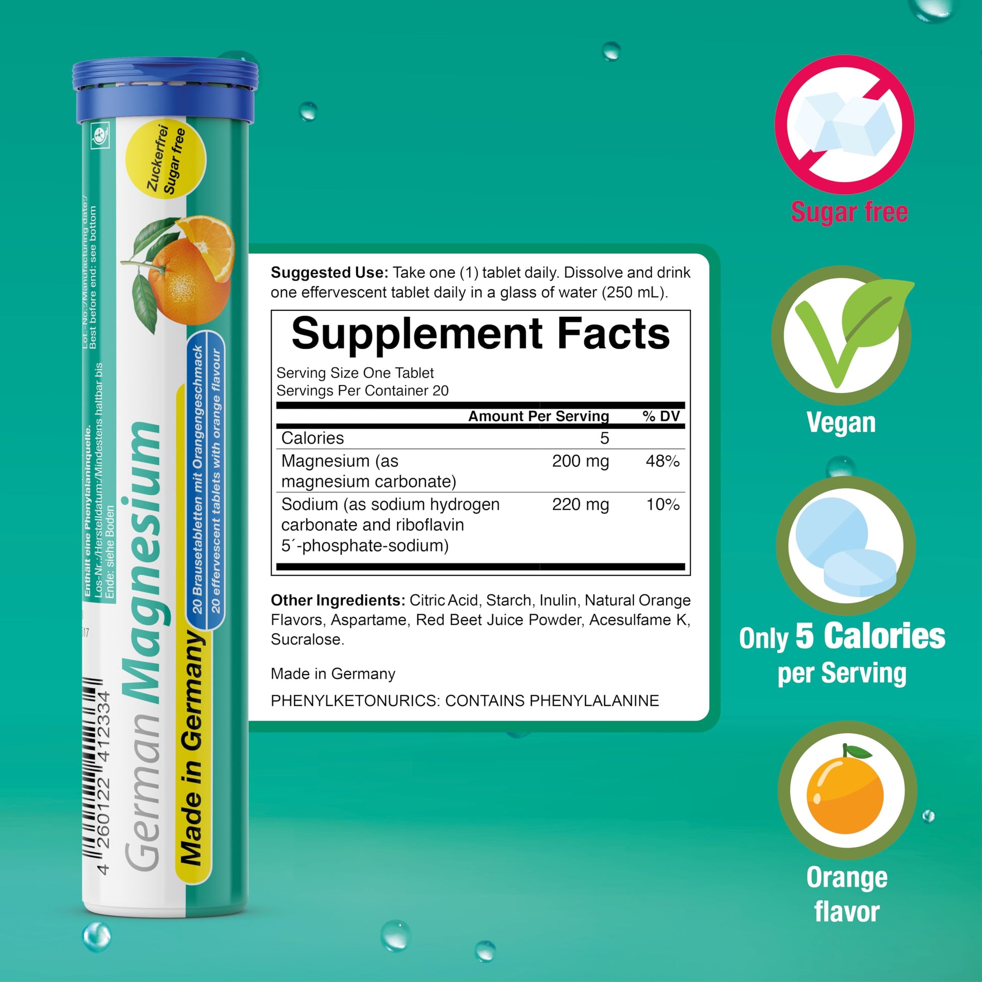 German Magnesium Oxide Supplement | Effervescent Tablets | Orange Flavor – 200 mg Magnesium per Serving | Sugar Free, Vegan – T&D Pharma – Made in Germany T&D buy supplements Au