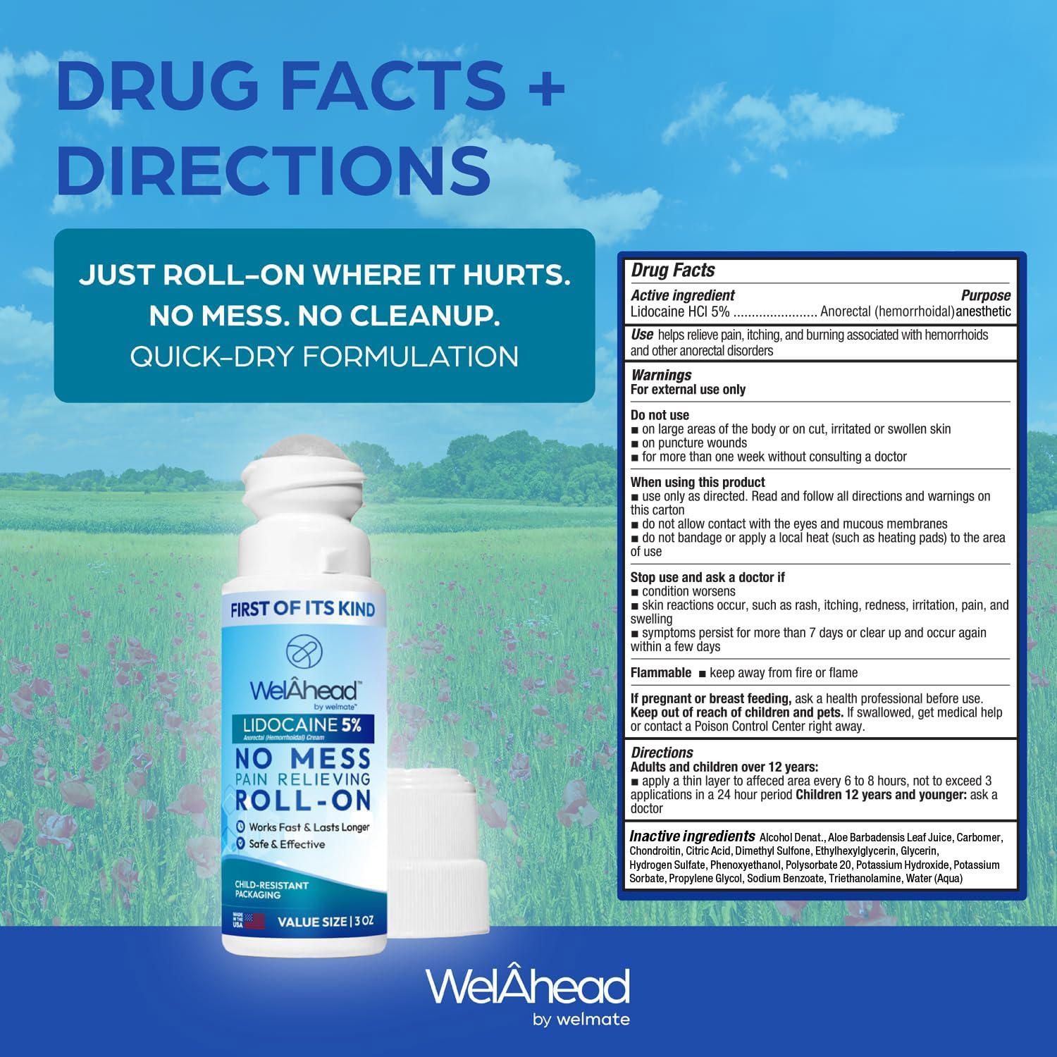 WELMATE - 5% Lidocaine Roll-On (3 oz Value Size) - No Mess Targeted Relief - Topical Anesthetic - Hemorrhoid Relief - Aloe Vera - Fast Acting & Long Lasting - Over-The-Counter Medication - First Aid WELMATEBuy Supplements Australia