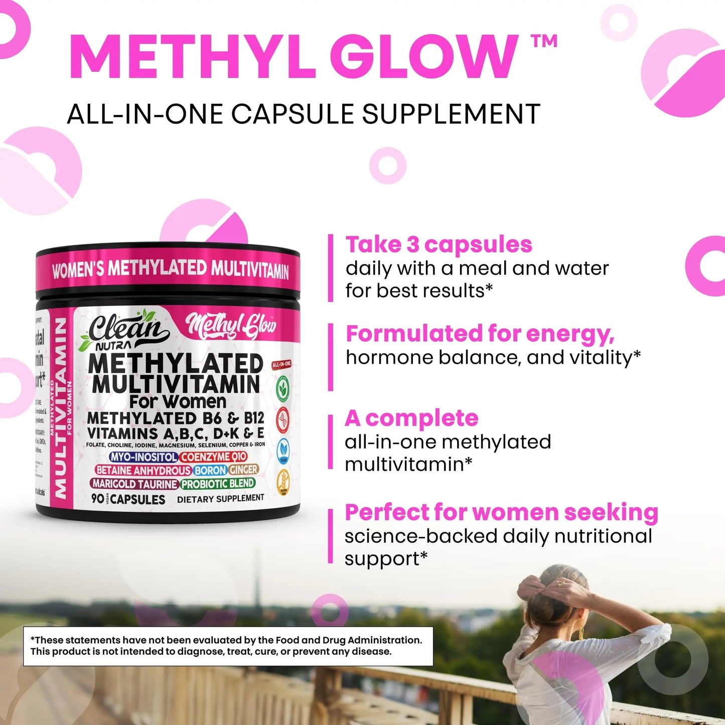 Methylated Multivitamin for Women Vitamins B6 Methyl B12 A B C D K E Folate Choline Omega 3 Thiamine Riboflavin Iron Clean Nutraceuticals