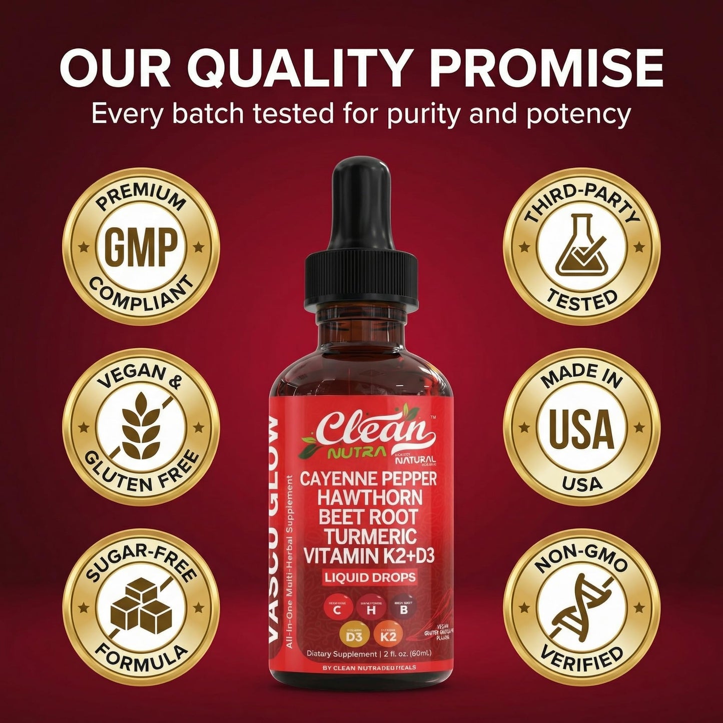 Clean Nutra Cayenne Pepper Drops Supplement Liquid + Hawthorn Berry, Vitamin D3 K2 Beet Root Powder, Ceylon Cinnamon, Turmeric Curcumin, Organic Panax Ginseng, Berberine Extract 1 Pack Clean Nutraceuticals buy supplements Au
